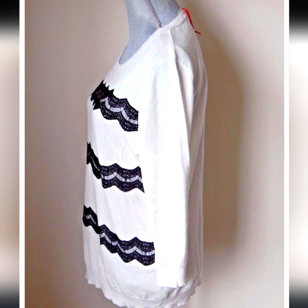 🖤🙌 HP 🙌🖤Elle Lace Embellished Crew Sweater, Lg cream color w/ black lace; - Picture 2 of 9